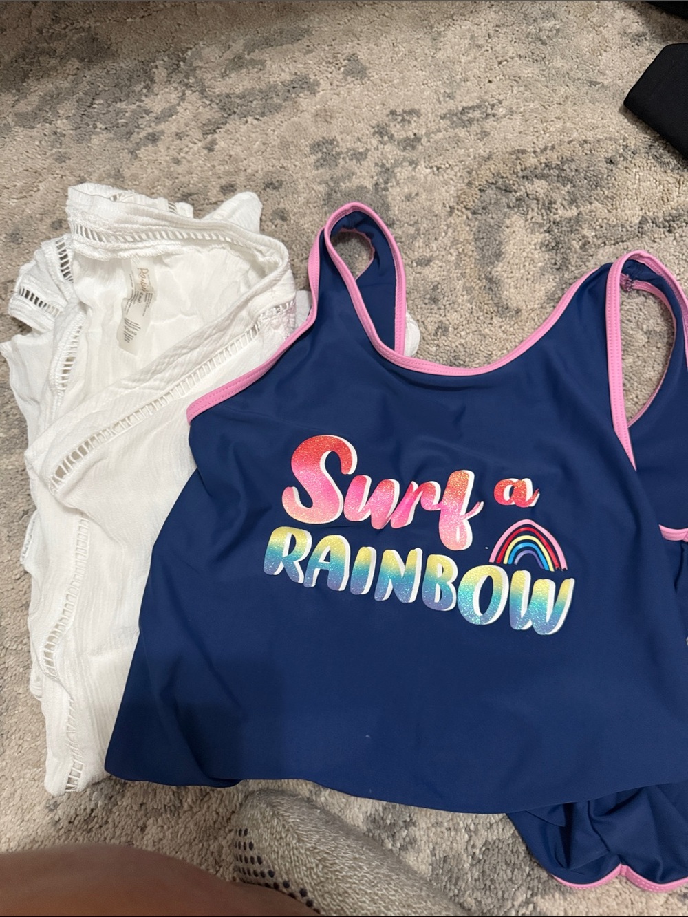 Navy Kids One-Piece Swimsuit with Pink Trim and Rainbow Graphic